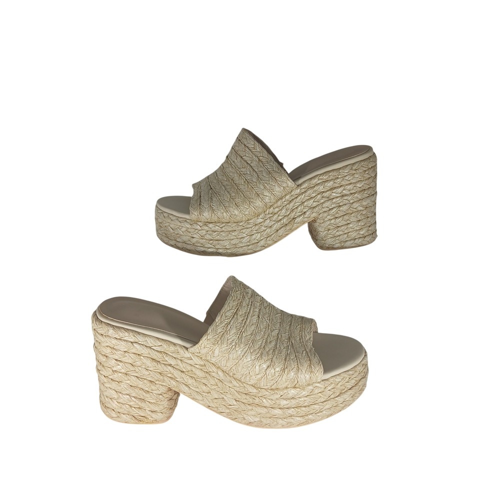 Woven Raffia Platform Sandals 8 Cream Boho Espadrille Block Heel Slide Coastal